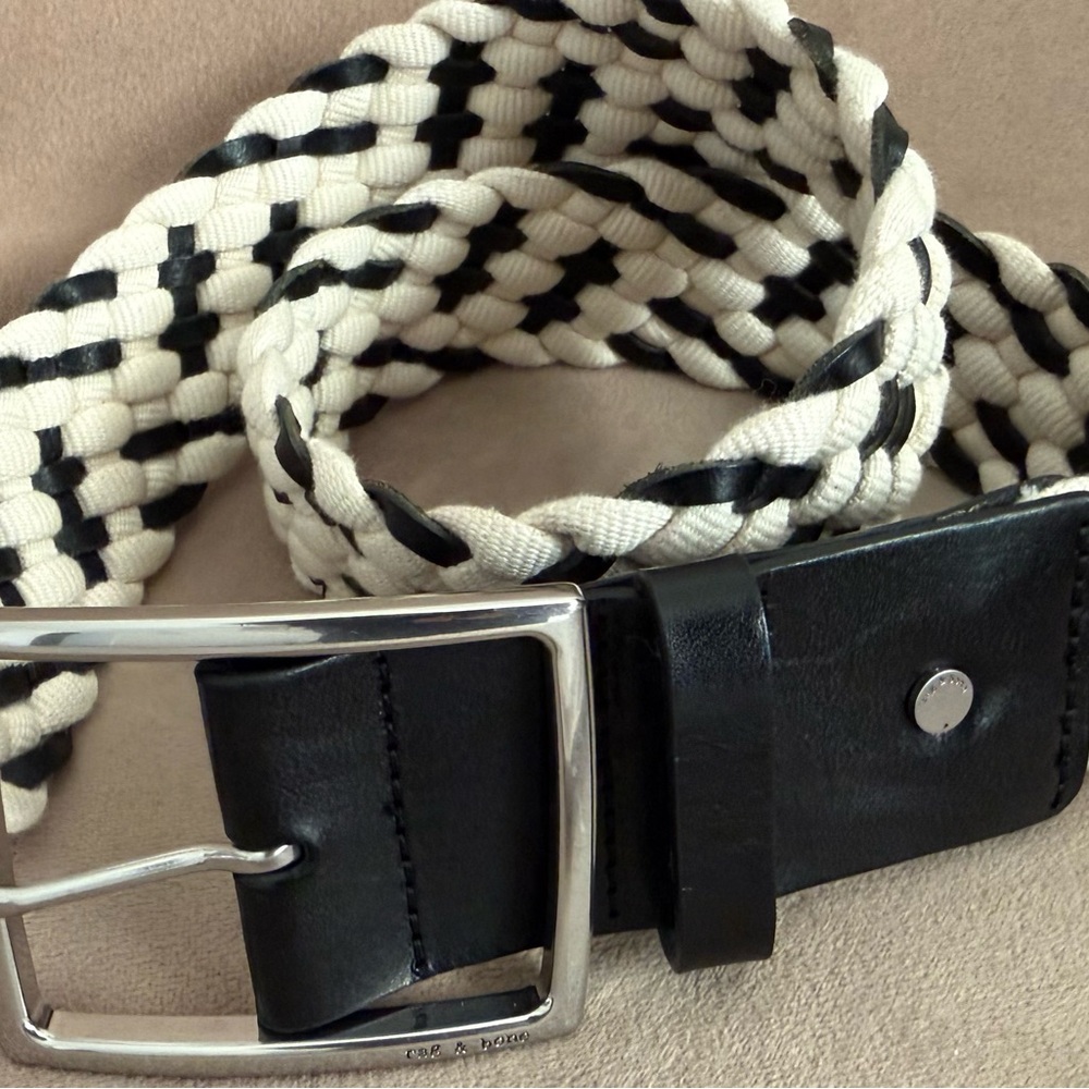 rag & bone Boyfriend Black and White Braided Leather-Trim Belt